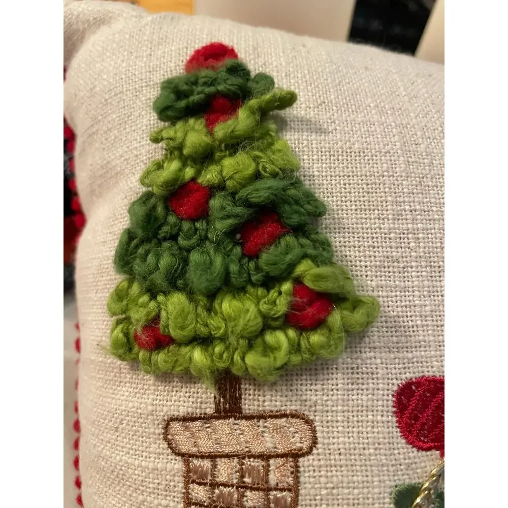 Christmas Throw Pillow With Bicycle & Poinsettia Plant & Tree Embroidered 12x12
